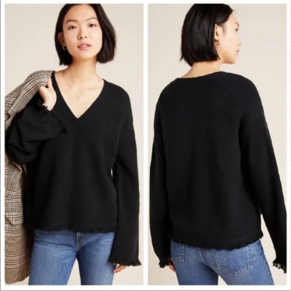 Anthropologie Black Joy Fringed V-Neck Sweater